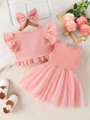 Newborn Baby Girls Dress Summer Waist Flower Vest Sleeveless Short Top Sweet Girl Lace Mesh Dress - Image 2