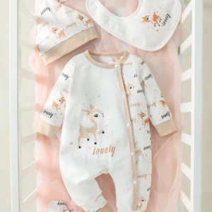 4Pcs Baby Girls Long Sleeve All Seasons Cartoon Deer Open Stitch pastorale Jumpsuit+Bib+Gloves+Hat
