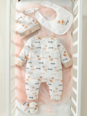 4Pcs Baby Girls Long Sleeve All Seasons Cartoon Deer Open Stitch pastorale Jumpsuit+Bib+Gloves+Hat - Image 2