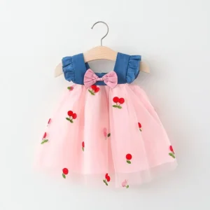 Summer Girl Dress Denim Fly Sleeved Bow Cute Cherry Colored Mesh Princess Dress Suitable for Babies Aged 0-3 -
