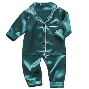 Korean version of childrens pajamas set silk satin long sleeve top+trousers two -piece male baby girl cartoon solid color set - Image 2