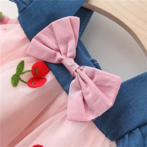 Summer Girl Dress Denim Fly Sleeved Bow Cute Cherry Colored Mesh Princess Dress Suitable for Babies Aged 0-3 - - Image 5
