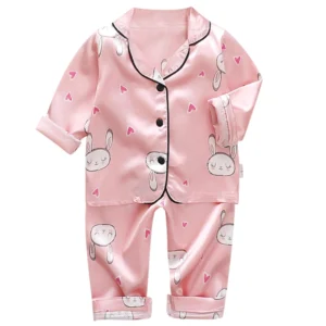 Korean version of childrens pajamas set silk satin long sleeve top+trousers two -piece male baby girl cartoon solid color set - Image 5