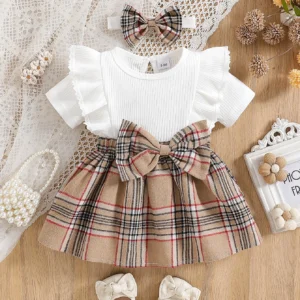Baby Girl Summer Fashion Cute Casual Round Neck Ruffle Lace Decoration Short Sleeved Waist Large Bow Plaid Splicing Design