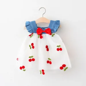 Summer Girl Dress Denim Fly Sleeved Bow Cute Cherry Colored Mesh Princess Dress Suitable for Babies Aged 0-3 - - Image 2