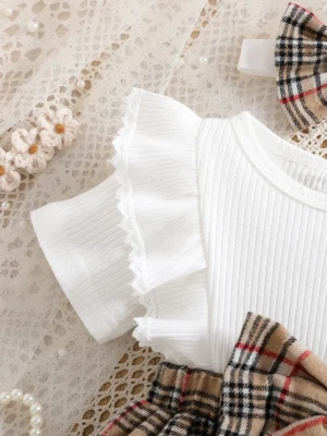 Baby Girl Summer Fashion Cute Casual Round Neck Ruffle Lace Decoration Short Sleeved Waist Large Bow Plaid Splicing Design - Image 4