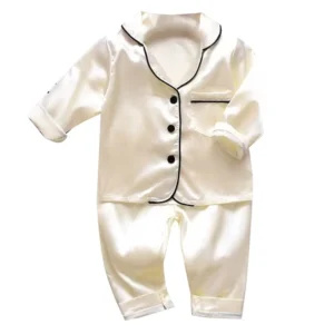 Korean version of childrens pajamas set silk satin long sleeve top+trousers two -piece male baby girl cartoon solid color set - Image 3