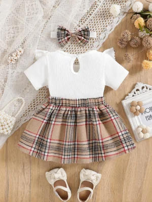 Baby Girl Summer Fashion Cute Casual Round Neck Ruffle Lace Decoration Short Sleeved Waist Large Bow Plaid Splicing Design - Image 2
