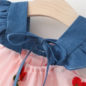 Summer Girl Dress Denim Fly Sleeved Bow Cute Cherry Colored Mesh Princess Dress Suitable for Babies Aged 0-3 - - Image 6