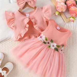 Newborn Baby Girls Dress Summer Waist Flower Vest Sleeveless Short Top Sweet Girl Lace Mesh Dress