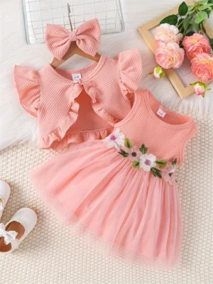 Newborn Baby Girls Dress Summer Waist Flower Vest Sleeveless Short Top Sweet Girl Lace Mesh Dress