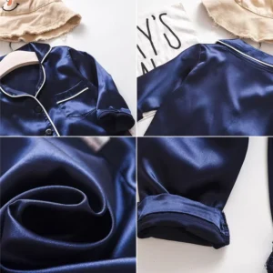 Korean version of childrens pajamas set silk satin long sleeve top+trousers two -piece male baby girl cartoon solid color set - Image 6