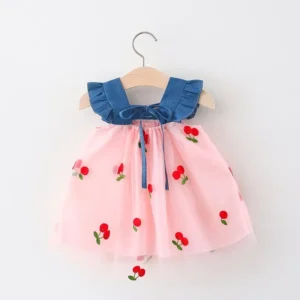 Summer Girl Dress Denim Fly Sleeved Bow Cute Cherry Colored Mesh Princess Dress Suitable for Babies Aged 0-3 - - Image 3
