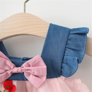 Summer Girl Dress Denim Fly Sleeved Bow Cute Cherry Colored Mesh Princess Dress Suitable for Babies Aged 0-3 - - Image 4