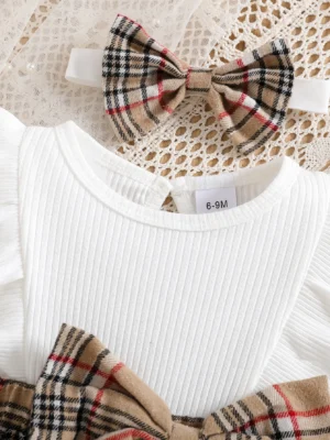 Baby Girl Summer Fashion Cute Casual Round Neck Ruffle Lace Decoration Short Sleeved Waist Large Bow Plaid Splicing Design - Image 3