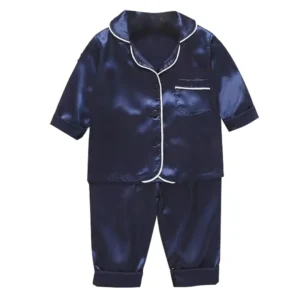 Korean version of childrens pajamas set silk satin long sleeve top+trousers two -piece male baby girl cartoon solid color set - Image 4