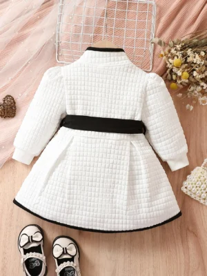 Baby Girls Fashion Autumn And Winter Thermal Belted Dress Set Princess Coat Classic Black And White Color Contrast Cardigan - Image 2