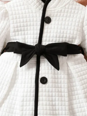 Baby Girls Fashion Autumn And Winter Thermal Belted Dress Set Princess Coat Classic Black And White Color Contrast Cardigan - Image 4