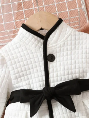 Baby Girls Fashion Autumn And Winter Thermal Belted Dress Set Princess Coat Classic Black And White Color Contrast Cardigan - Image 3